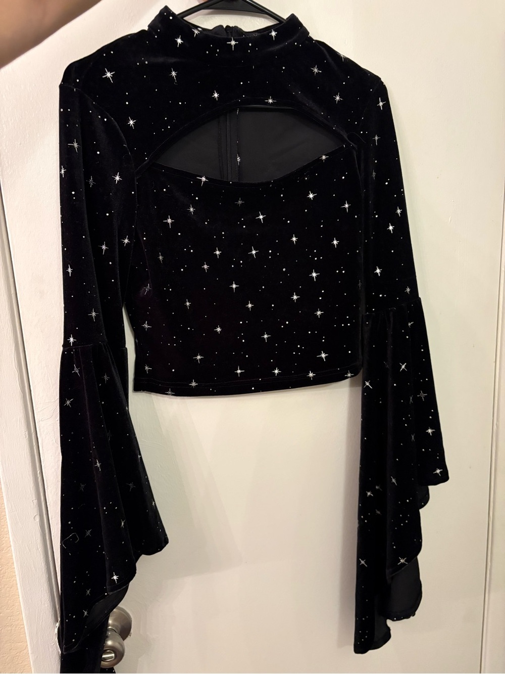 Cider Black Velvet Star-Print Crop Top with Bell Sleeves